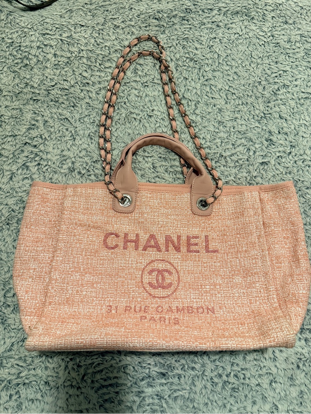 Pink Tweed Logo Tote with Chain-Interlaced Handles
